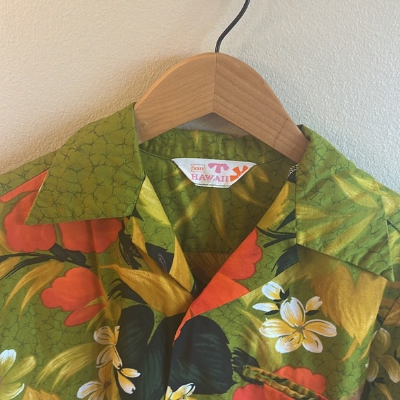 Sears Vintage 70s Hawaiian Floral Button Up Shirt Green Mens - Picture 6 of 10
